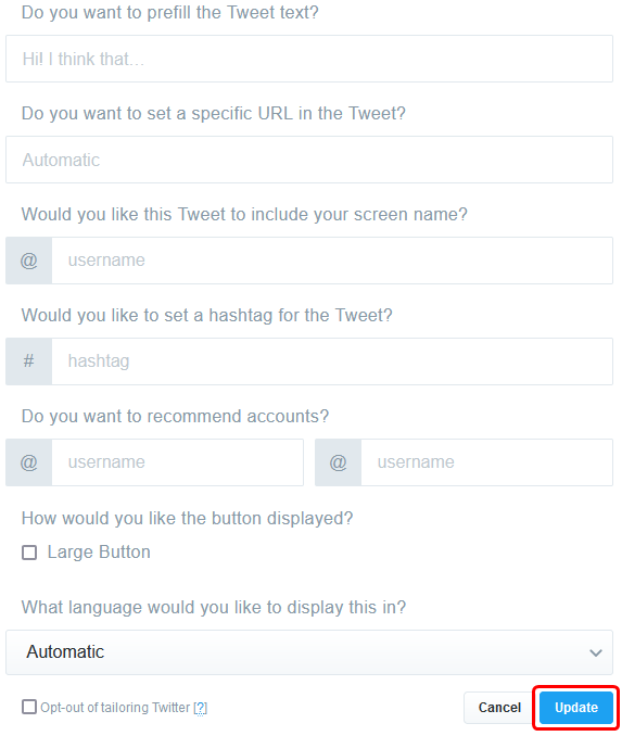 Twitter Publishでボタンをカスタマイズするする画面